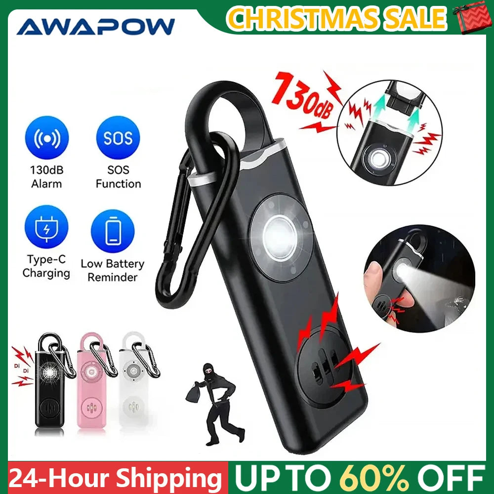 130dB Personal Alarm with LED – Compact Rechargeable Keychain.