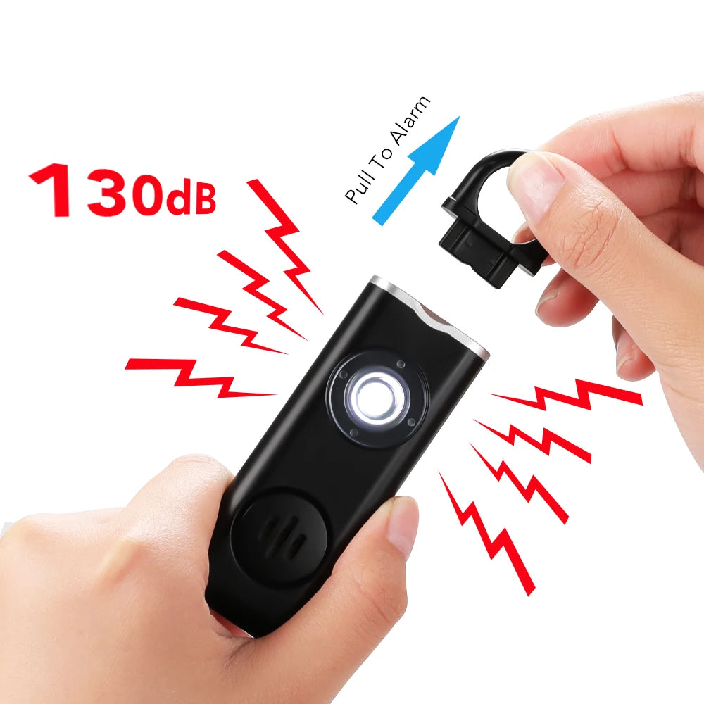 130dB Personal Alarm with LED – Compact Rechargeable Keychain.