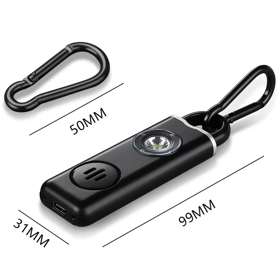 130dB Personal Alarm with LED – Compact Rechargeable Keychain.