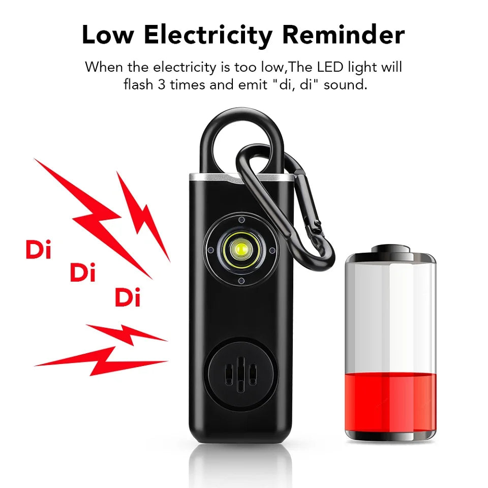 130dB Personal Alarm with LED – Compact Rechargeable Keychain.