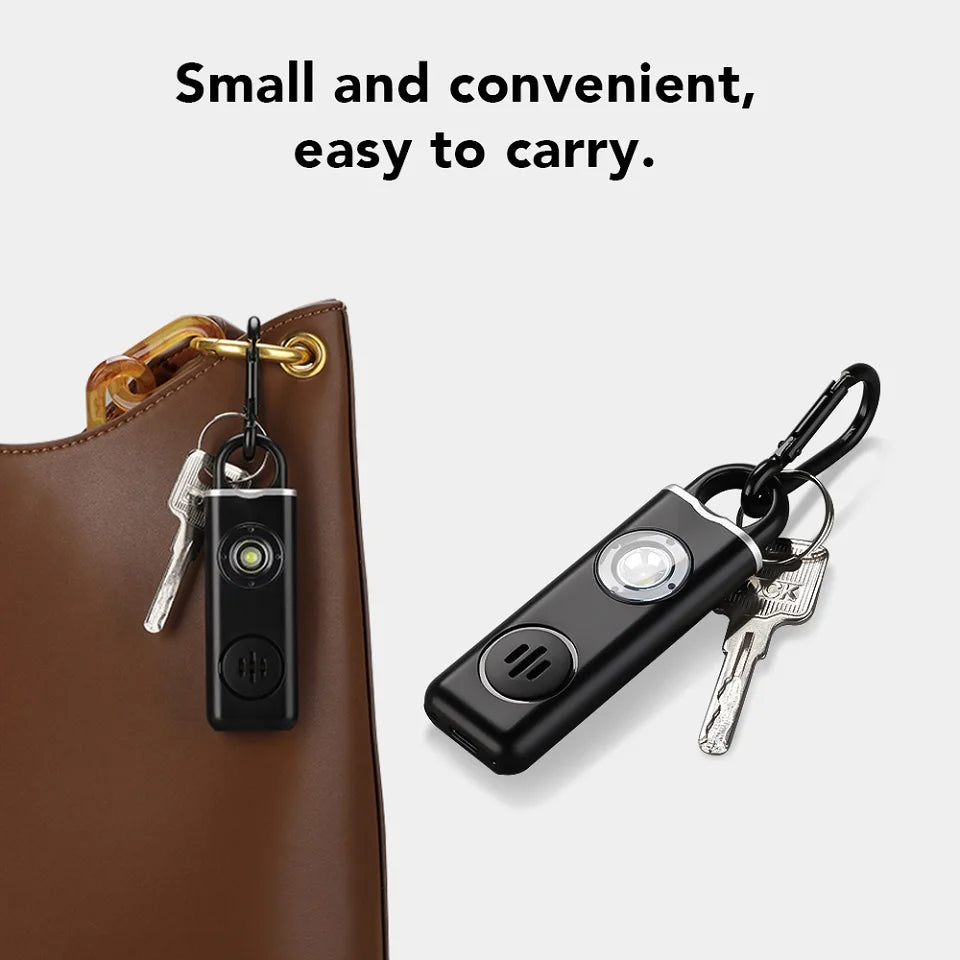 130dB Personal Alarm with LED – Compact Rechargeable Keychain.
