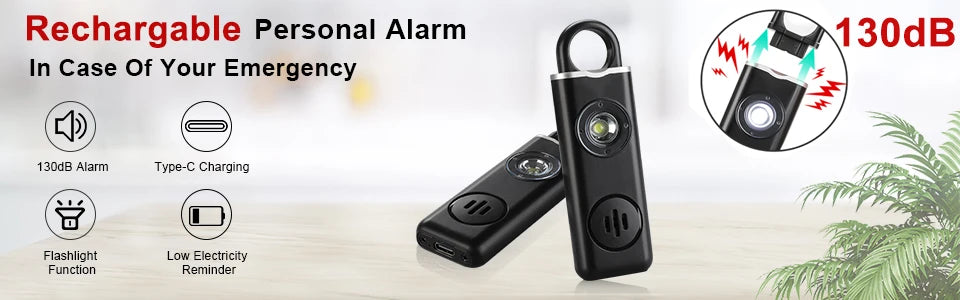 130dB Personal Alarm with LED – Compact Rechargeable Keychain.